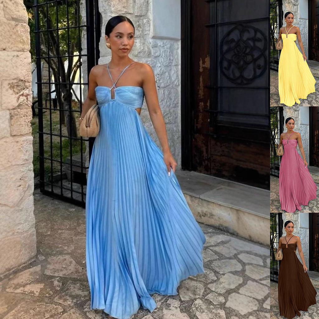 Pleated Sleeveless Halter Robe Dress