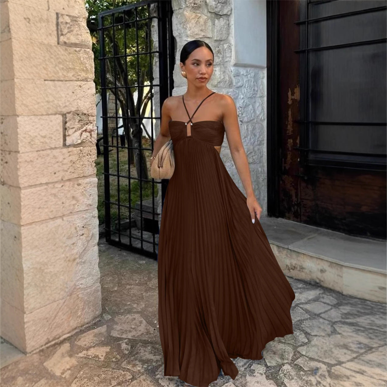 Pleated Sleeveless Halter Robe Dress