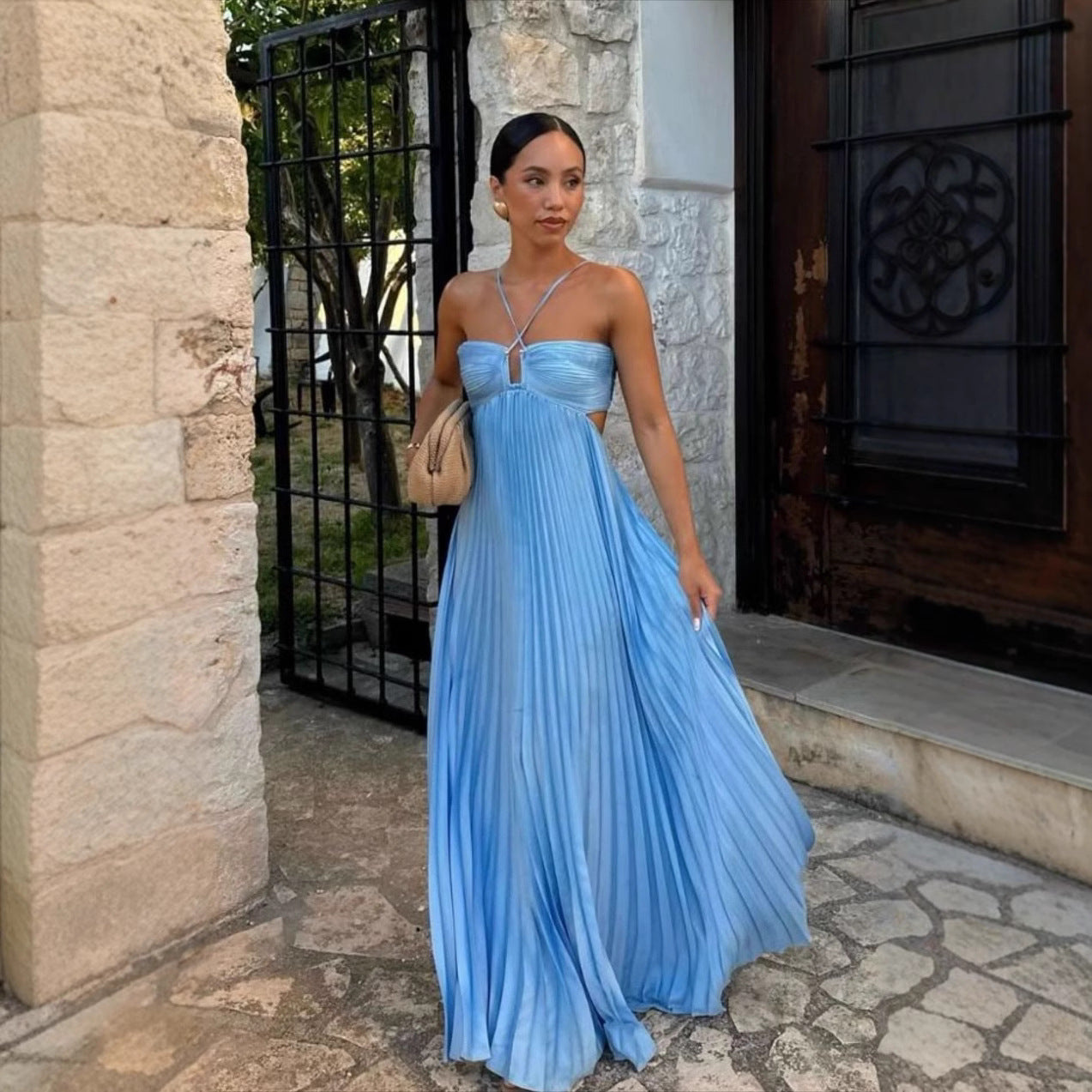 Pleated Sleeveless Halter Robe Dress