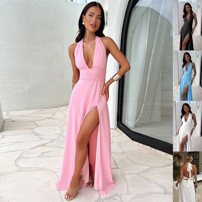 Halterneck backless Slit Dress Summer