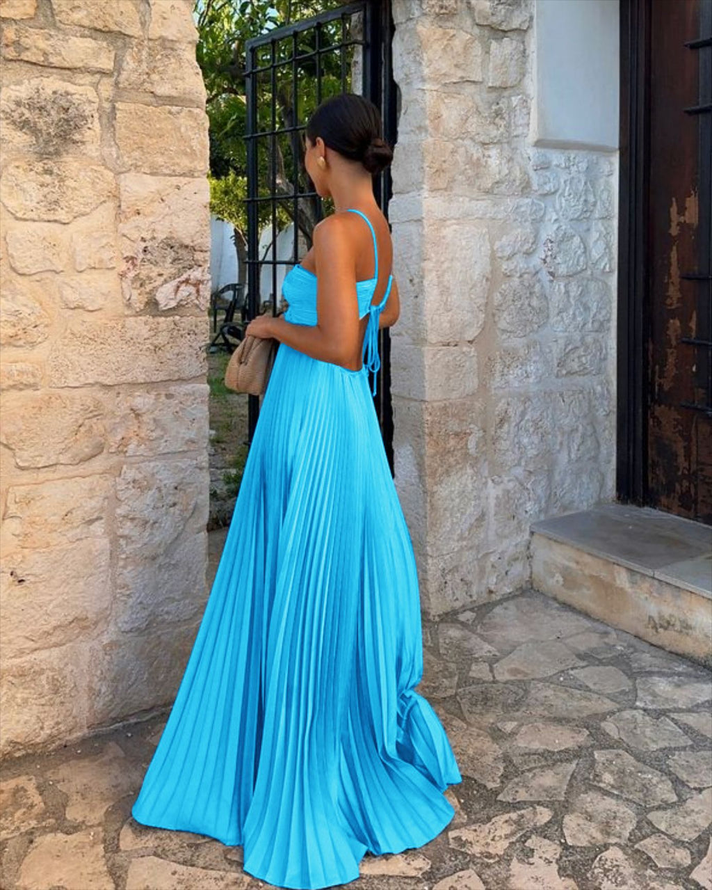 Pleated Sleeveless Halter Robe Dress