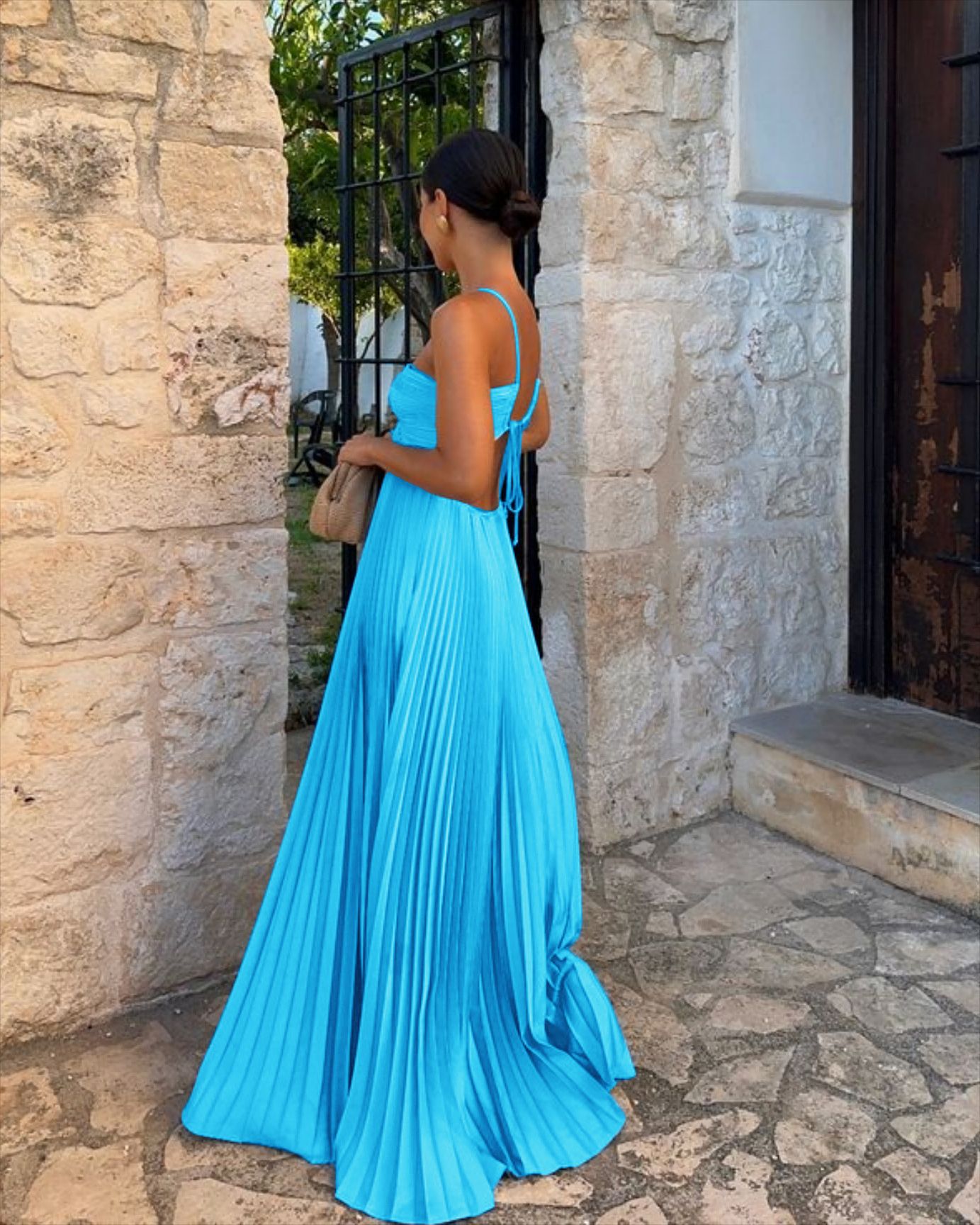 Pleated Sleeveless Halter Robe Dress