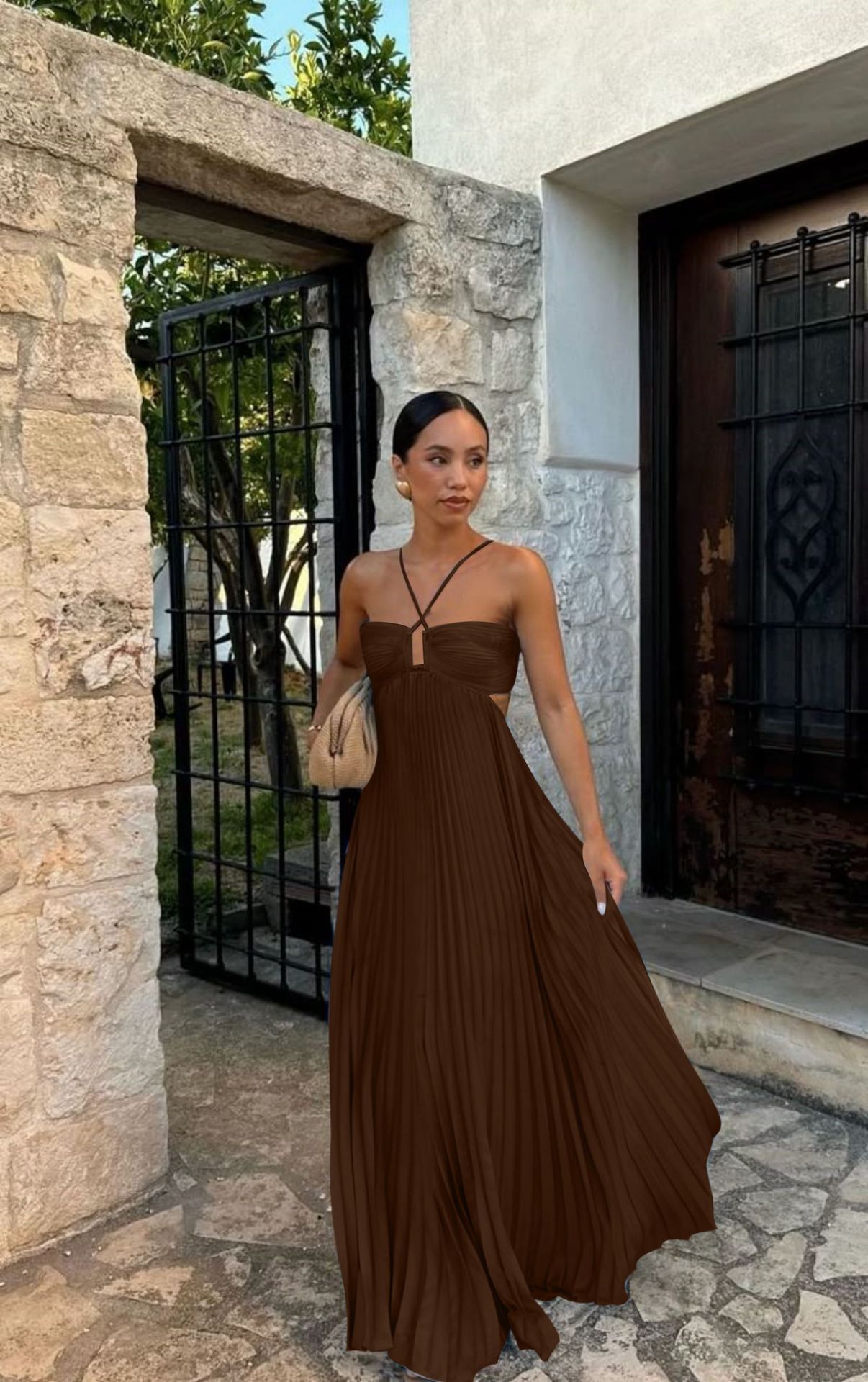Pleated Sleeveless Halter Robe Dress