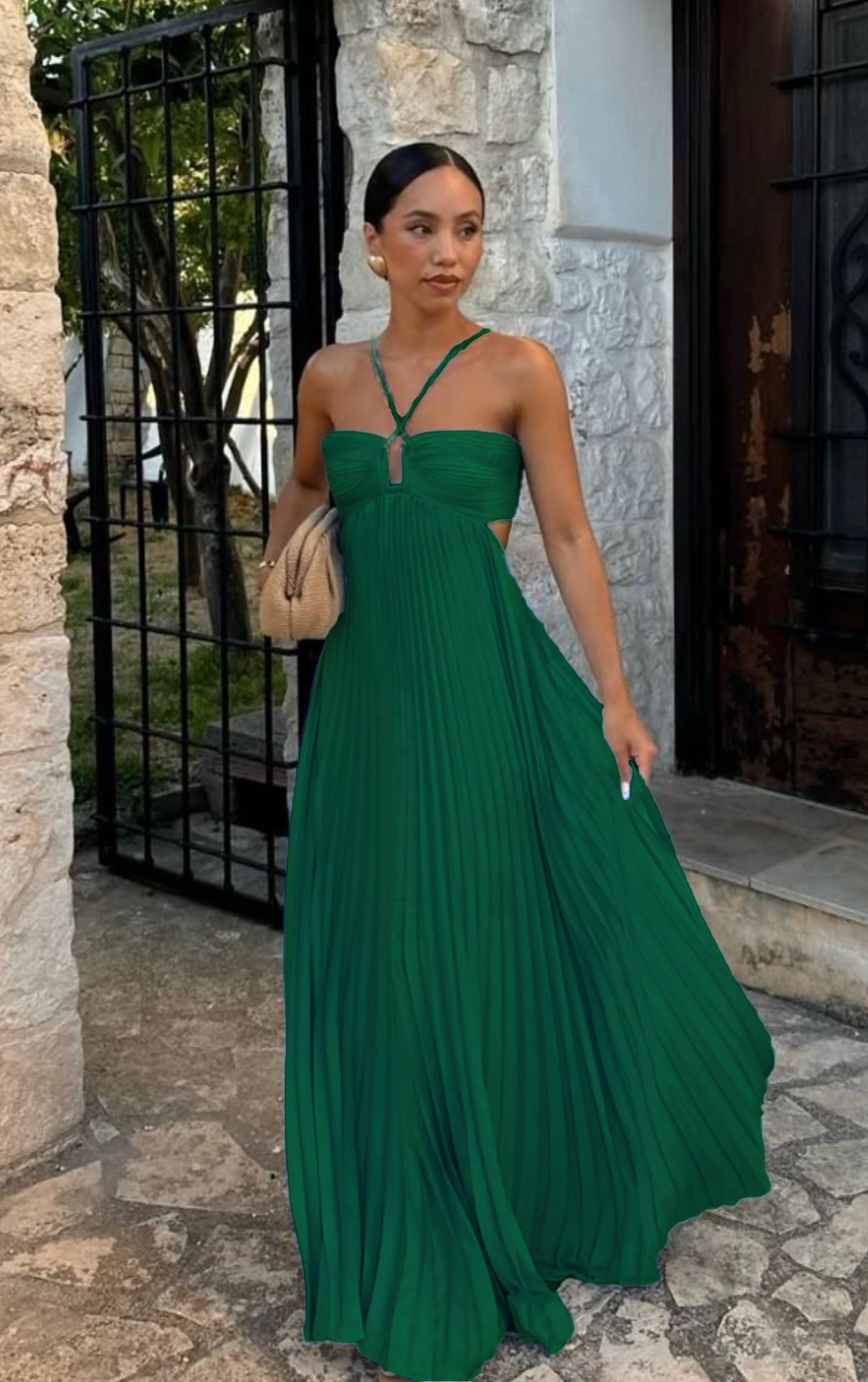 Pleated Sleeveless Halter Robe Dress