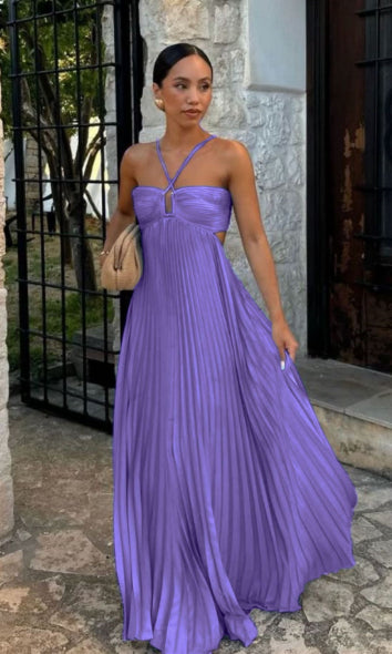 Pleated Sleeveless Halter Robe Dress