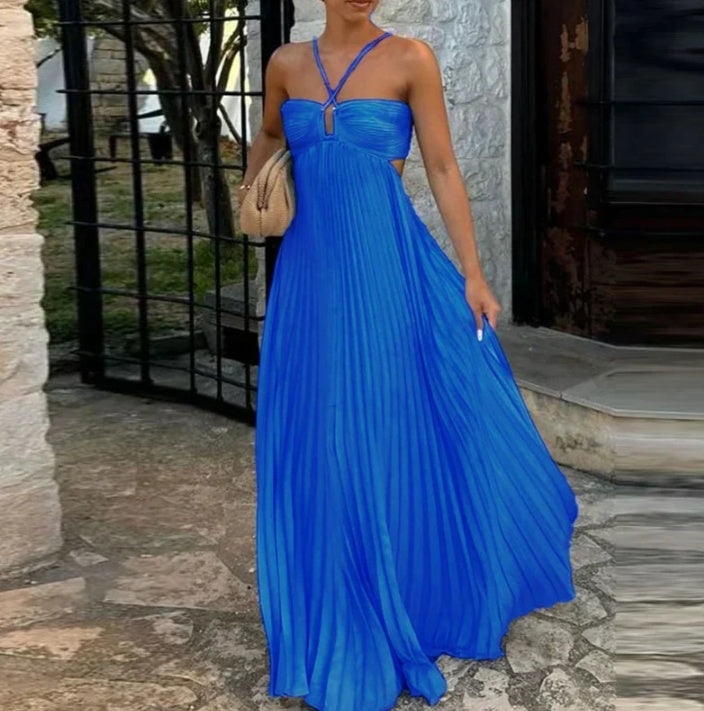 Pleated Sleeveless Halter Robe Dress