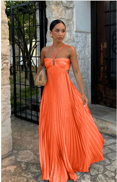 Pleated Sleeveless Halter Robe Dress
