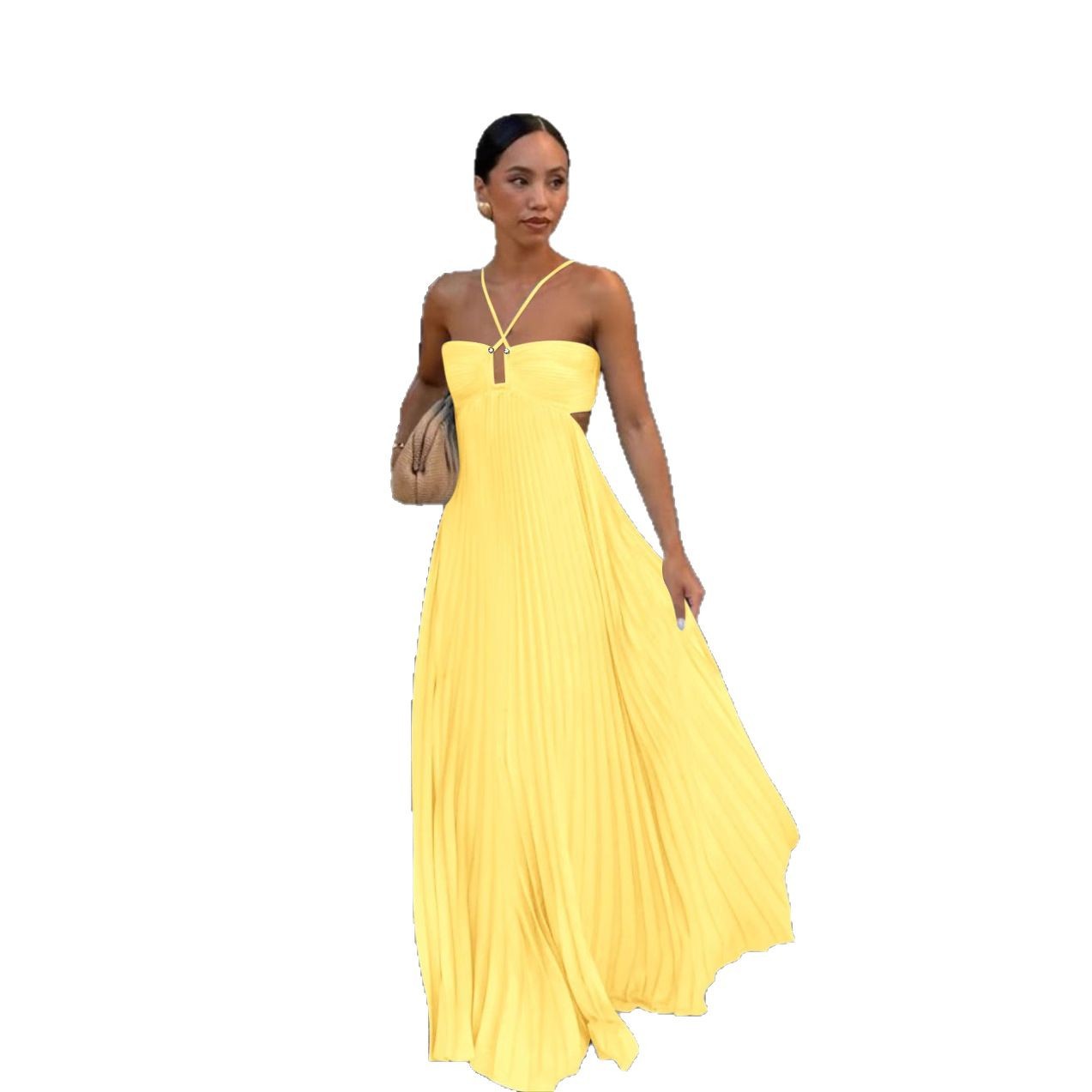 Pleated Sleeveless Halter Robe Dress