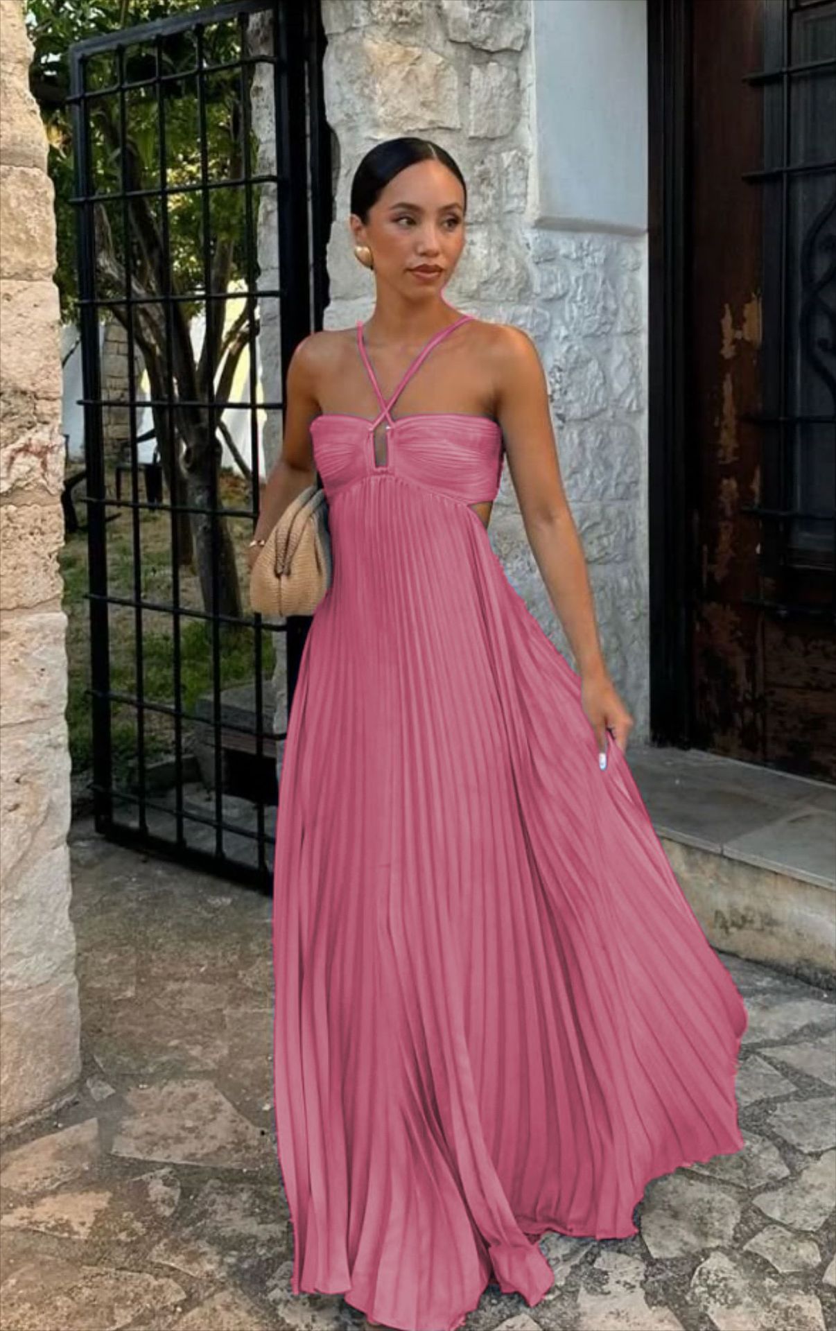 Pleated Sleeveless Halter Robe Dress